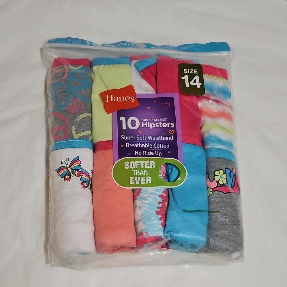 Hanes Girls' Cotton Hipster Underwear, Assorted, 10-Pack Size 14